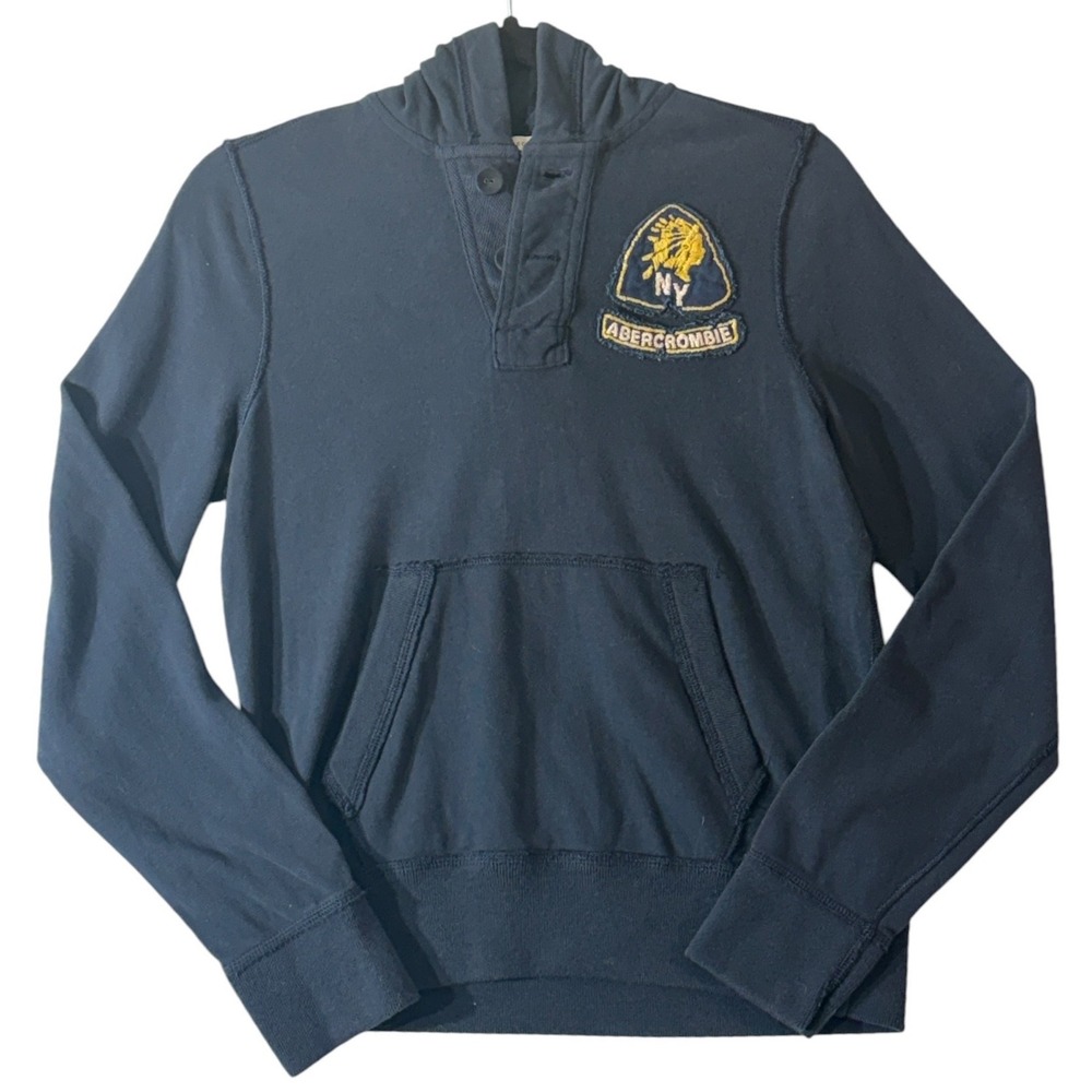 Abercrombie Blue Hoodie Pullover Mens L Muscle Fit Henley Patch Y2K Sweatshirt